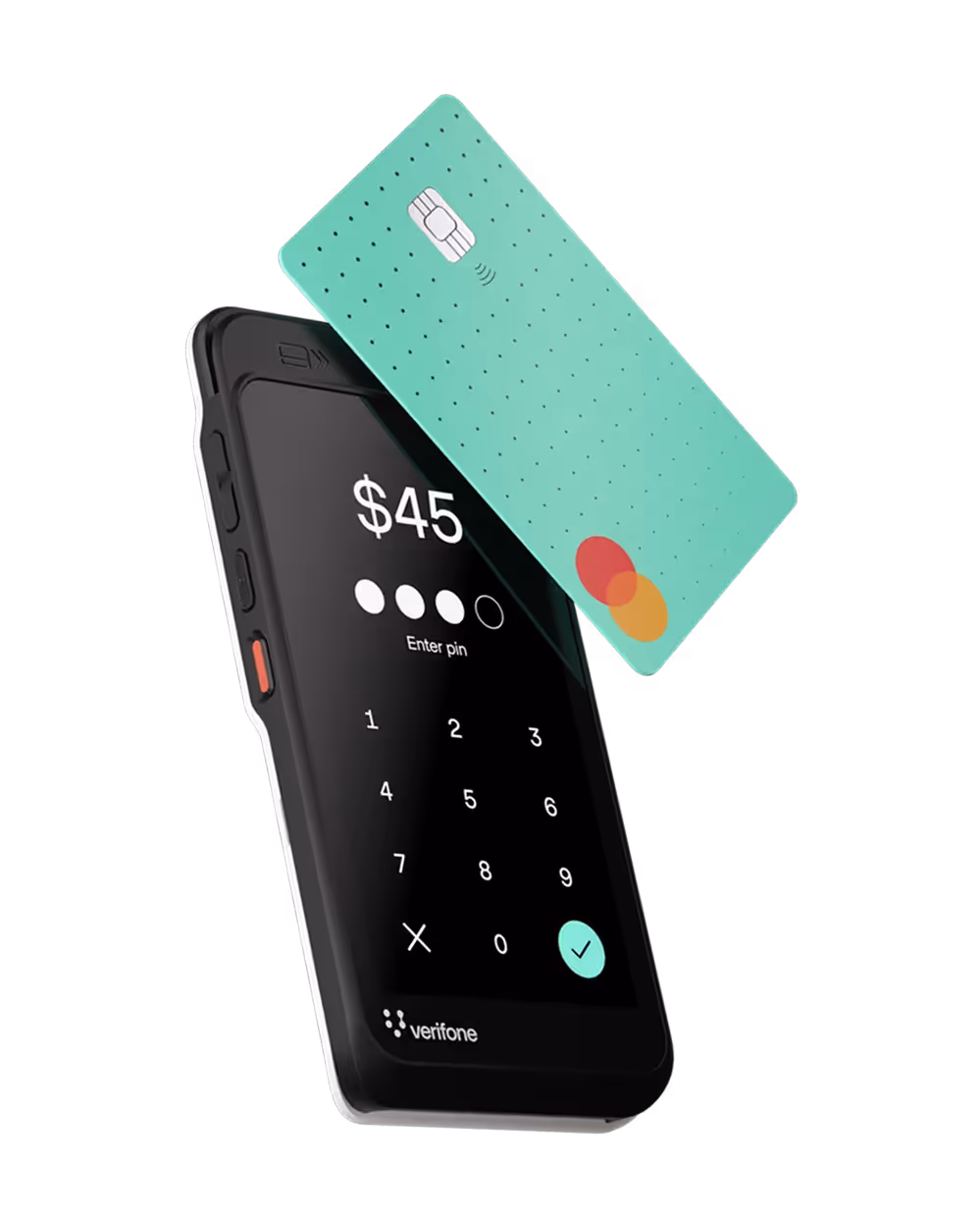 Mockup of a credit card machine with a credit card next to it
